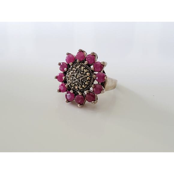 Vintage Sterling Silver Sunflower Ruby and Marcasite Ring - Picture 2 of 7
